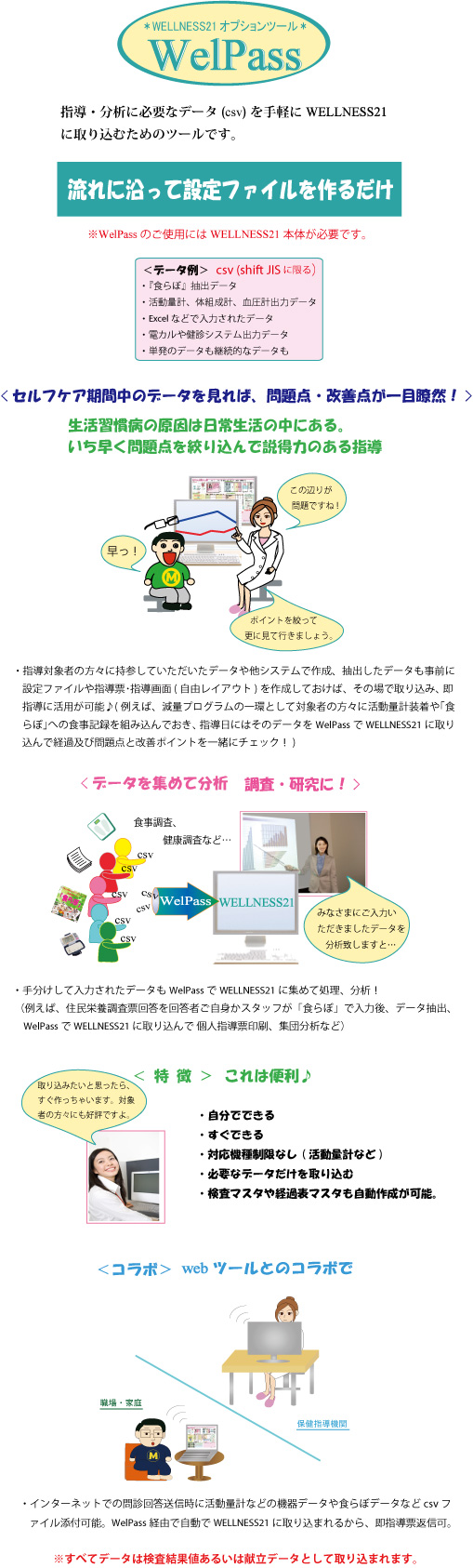 
		＊WELLNESS21オプションWelPass（csvデータ取込ツール）
		指導・分析に必要なデータ（csv）を手軽にWELLNESS21に取り込むためのツールです。
		流れに沿って設定ファイルを作るだけ
		ＷelPassのご使用にはWELLNESS21本体が必要です。
		<データ例>csv（shift JISに限る）
		・『食らぼ』抽出データ
		・活動量計、体組成計、血圧計出力データ
		・Excelなどで入力されたデータ
		・電カルや健診システム出力データ
		・単発のデータも継続的なデータも
		<セルフケア期間中のデータを見れば、問題点・改善点が一目瞭然！>
		生活習慣病の原因は日常生活の中にある。
		いち早く問題点を絞り込んで説得力のある指導
		指導対象者の方々に持参していただいたデータや他システムで作成、抽出したデータも事前に
   　　 設定ファイルや指導票･指導画面(自由レイアウト)を作成しておけば、その場で取り込み、 即
        指導に活用が可能♪(例えば、減量プログラムの一環として対象者の方々に活動量計装着や｢食
        らぼ｣への食事記録を組み込んでおき、 指導日にはそのデータをWelPassでWELLNESS21に取り
        込んで経過及び問題点と改善ポイントを一緒にチェック！)
		<データを集めて分析 調査・研究に！>
		手分けして入力されたデータもWelPassでWELLNESS21に集めて処理、分析！
      （例えば、住民栄養調査票回答を回答者ご自身かスタッフが「食らぼ」で入力後、データ抽出、
        WelPassでWELLNESS21 に取り込んで 個人指導票印刷、集団分析など）
		＜ 特 徴 ＞これは便利♪ 
		・自分でできる
　　　　・すぐできる
　　　　・対応機種制限なし(活動量計など)
　　　　・必要なデータだけを取り込む
　　　　・検査マスタや経過表マスタも自動作成が可能。
　　　　＜コラボ＞webツールとのコラボで
　　　　・インターネットでの問診回答送信時に活動量計などの機器データや食らぼデータなどcsvフ
   　　　 ァイル添付可能。WelPass経由で自動でWELLNESS21に取り込まれるから、即指導票返信可。
        ※すべてデータは検査結果値あるいは献立データとして取り込まれます。

		